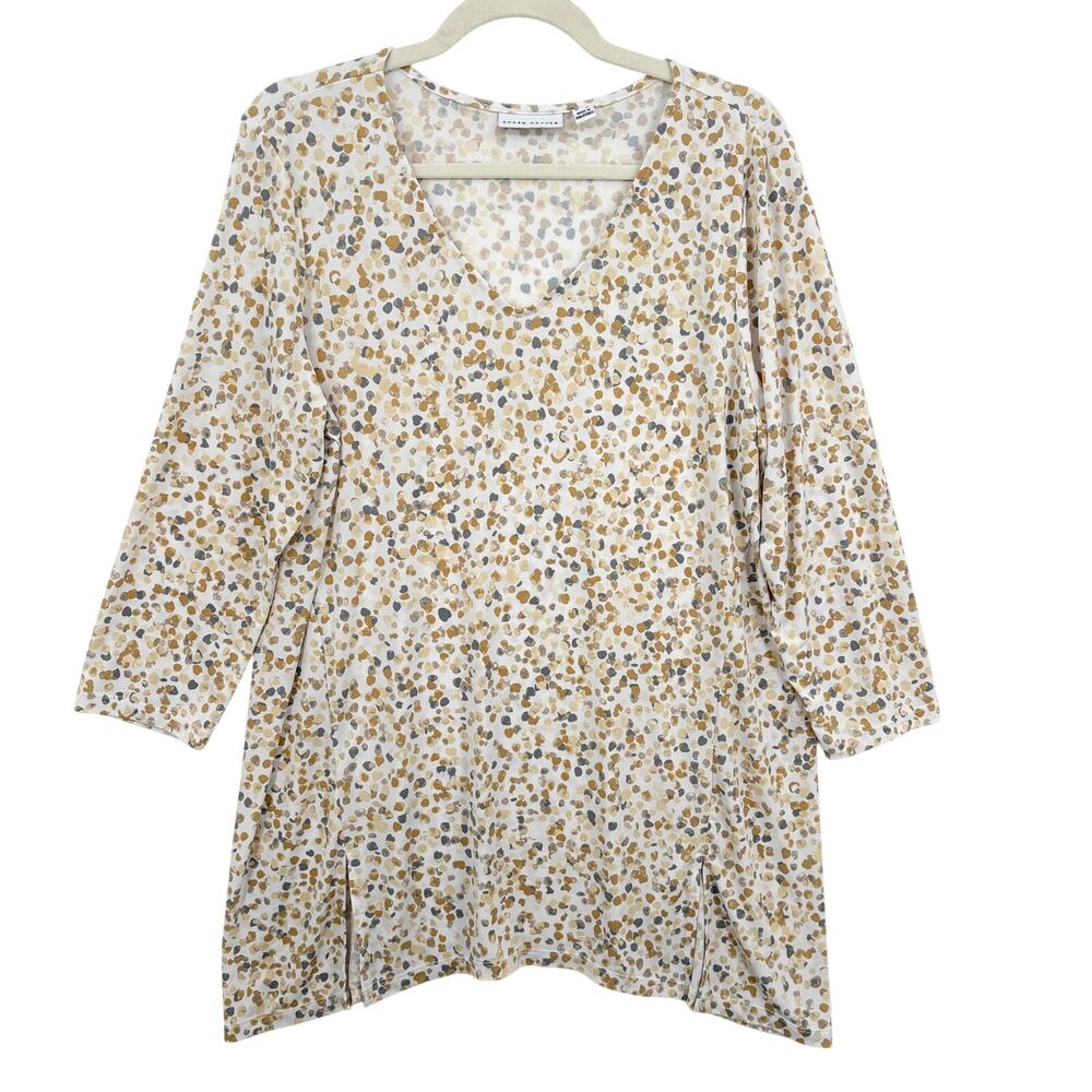 Susan Graver Size L Tunic Liquid Knit Printed Top with Slits Neutral 3/4 Sleeve